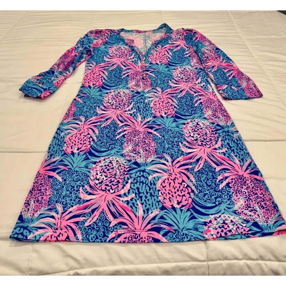 Ladies Lilly Pulitzer 3/4 Length Sleeve Small Cotton Dress with Pineapple Print